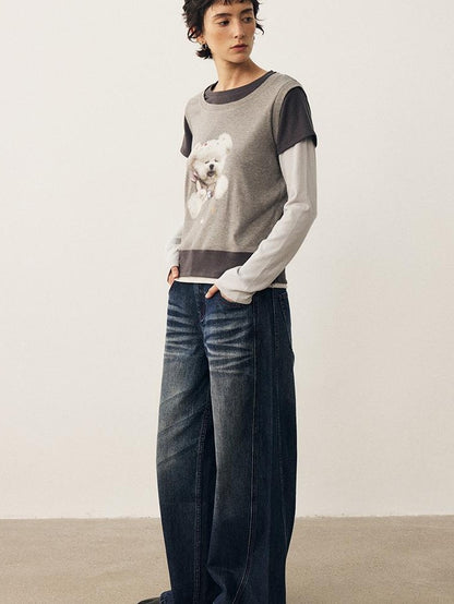 DIDDI MODA Color Block Dog Print Loose Crewneck Women&