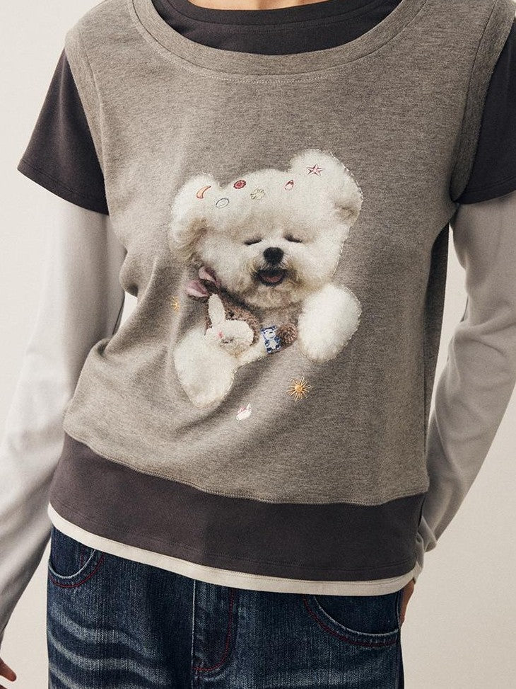 DIDDI MODA Color Block Dog Print Loose Crewneck Women&