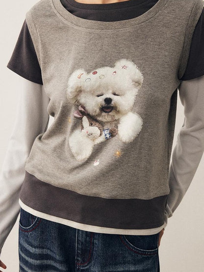 DIDDI MODA Color Block Dog Print Loose Crewneck Women&
