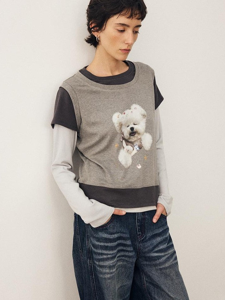 DIDDI MODA Color Block Dog Print Loose Crewneck Women&