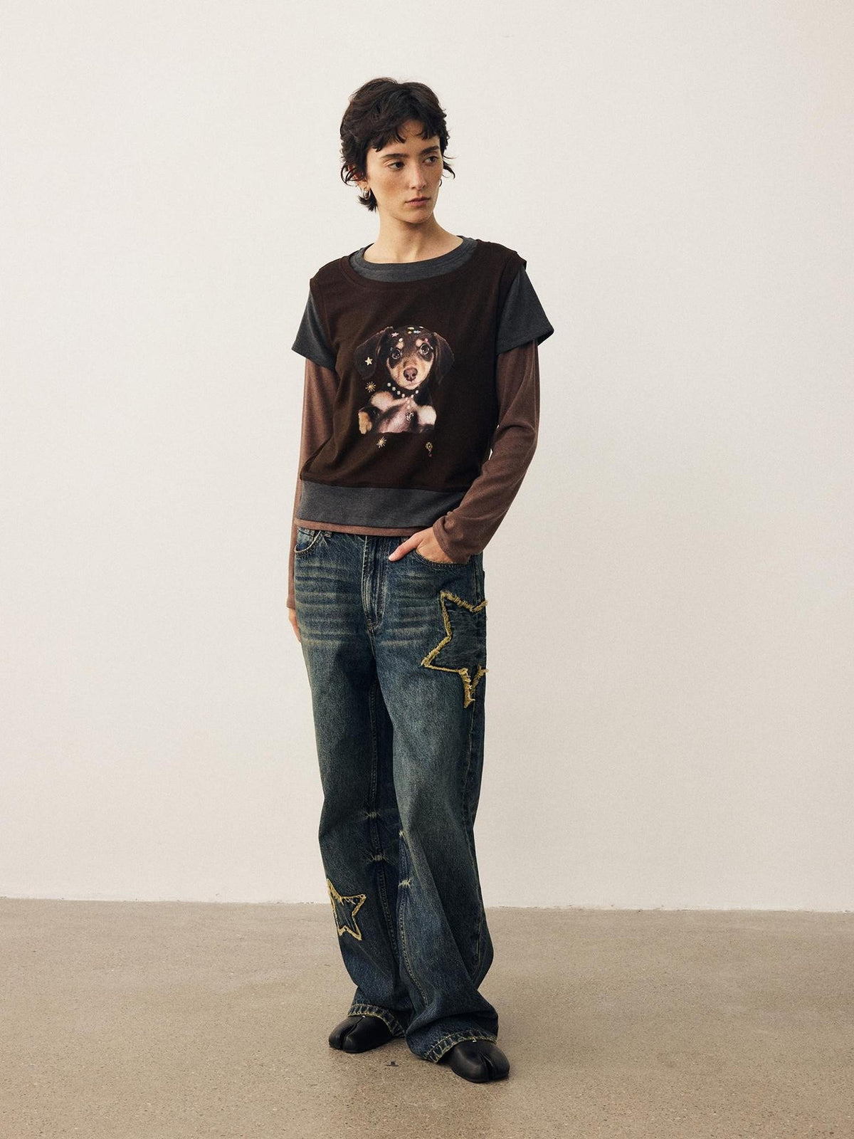 DIDDI MODA Color Block Dog Print Loose Crewneck Women&