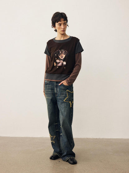 DIDDI MODA Color Block Dog Print Loose Crewneck Women&