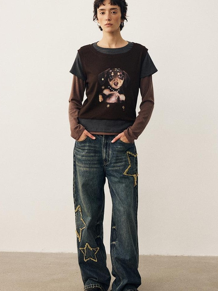 DIDDI MODA Color Block Dog Print Loose Crewneck Women&