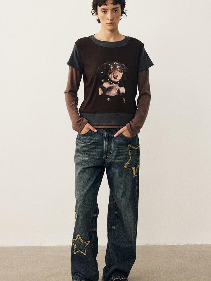 DIDDI MODA Color Block Dog Print Loose Crewneck Women&