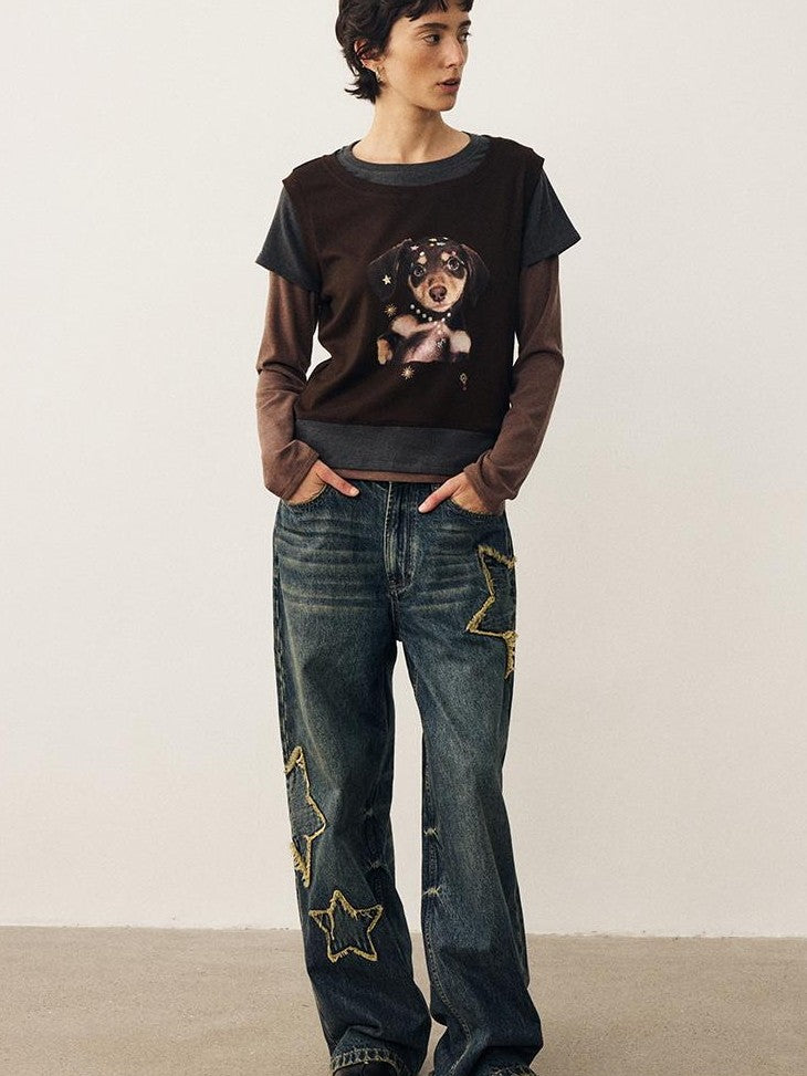 DIDDI MODA Color Block Dog Print Loose Crewneck Women&