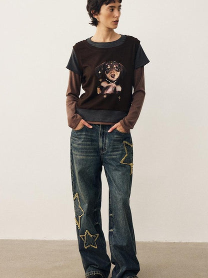 DIDDI MODA Color Block Dog Print Loose Crewneck Women&