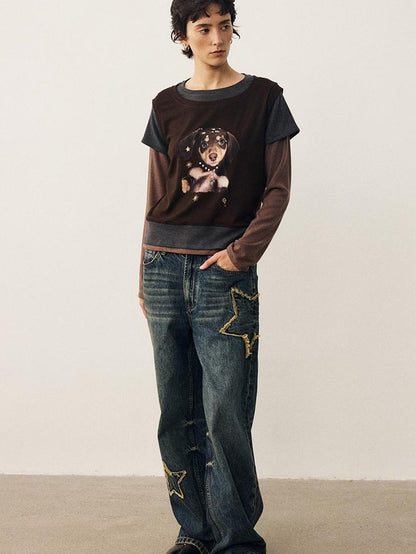 DIDDI MODA Color Block Dog Print Loose Crewneck Women&