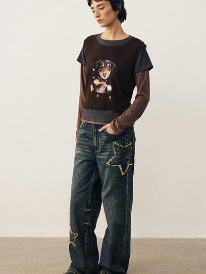 DIDDI MODA Color Block Dog Print Loose Crewneck Women&