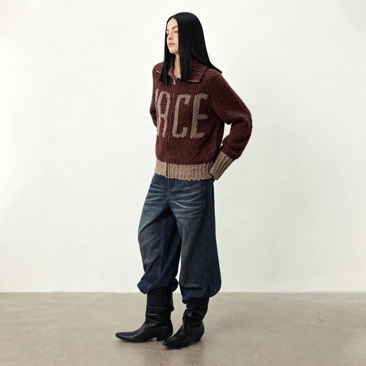 DIDDI_MODA_Color_Block_Letter_High_Neck_Loose_Fit_Zipper_Women&