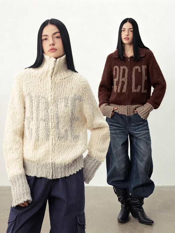 Color Block Letter High Neck Loose Fit Zipper Women's Cardigans