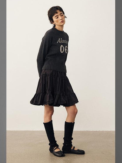 DIDDI MODA Color Block Letter Jacquard Raglan Sleeve Round Neck Women&