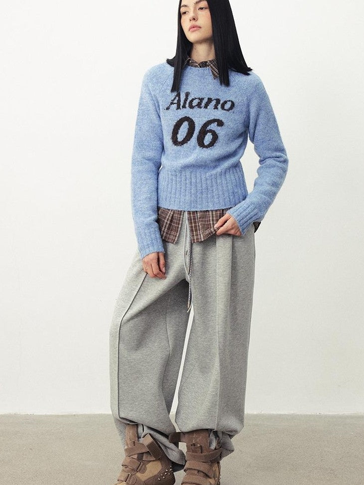 DIDDI MODA Color Block Letter Jacquard Raglan Sleeve Round Neck Women&