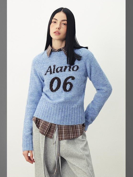 DIDDI MODA Color Block Letter Jacquard Raglan Sleeve Round Neck Women&