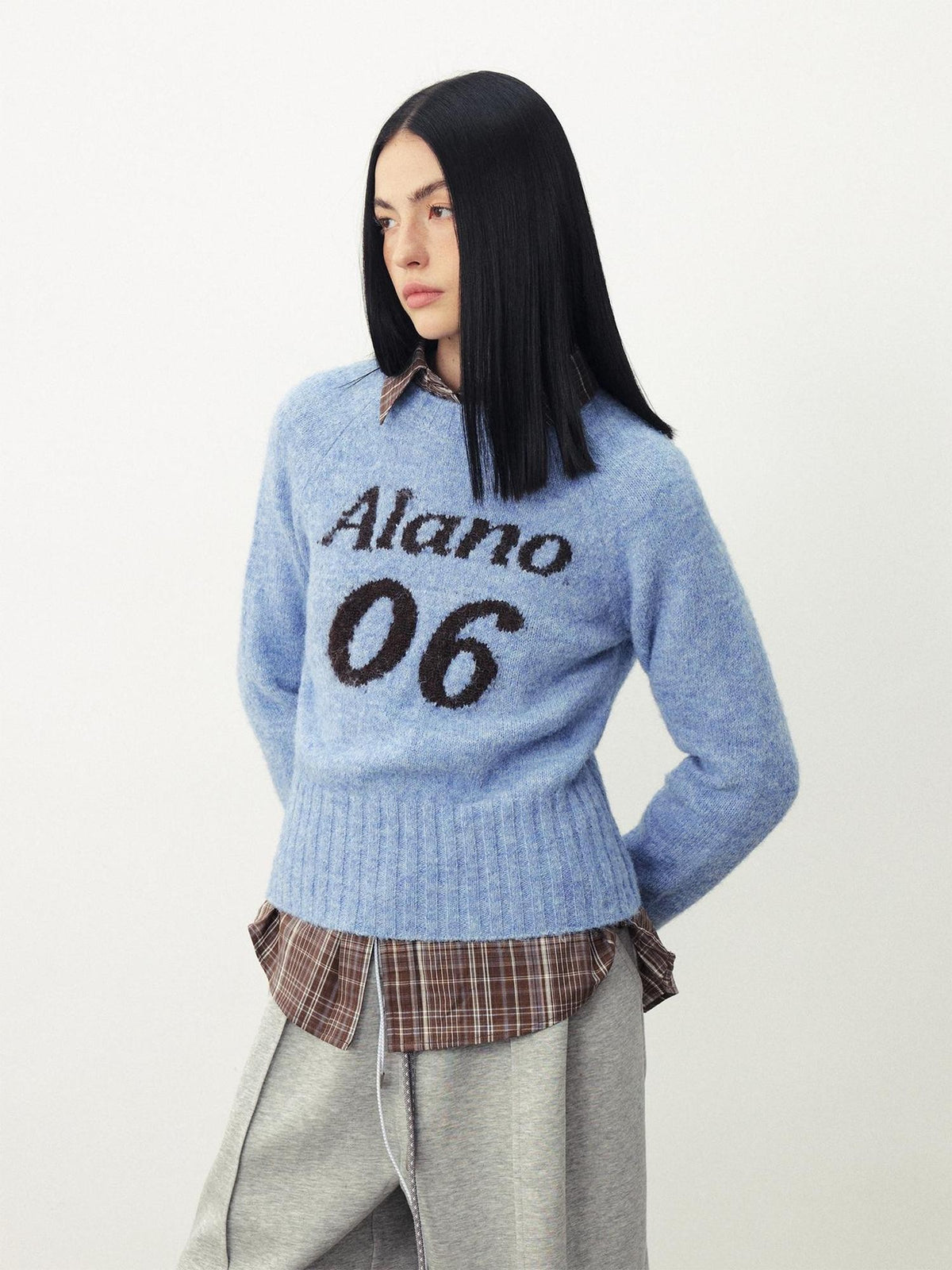 DIDDI MODA Color Block Letter Jacquard Raglan Sleeve Round Neck Women&