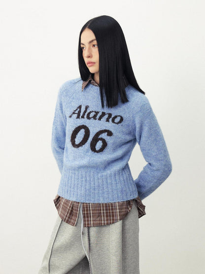 DIDDI MODA Color Block Letter Jacquard Raglan Sleeve Round Neck Women&