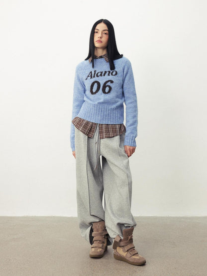 DIDDI MODA Color Block Letter Jacquard Raglan Sleeve Round Neck Women&