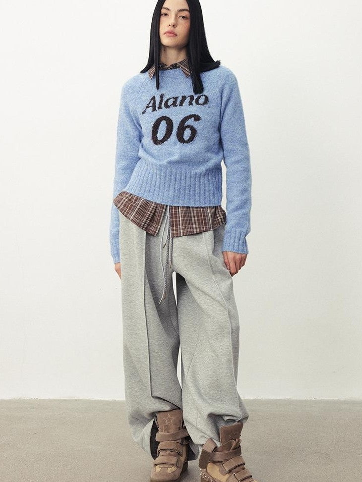 DIDDI MODA Color Block Letter Jacquard Raglan Sleeve Round Neck Women&