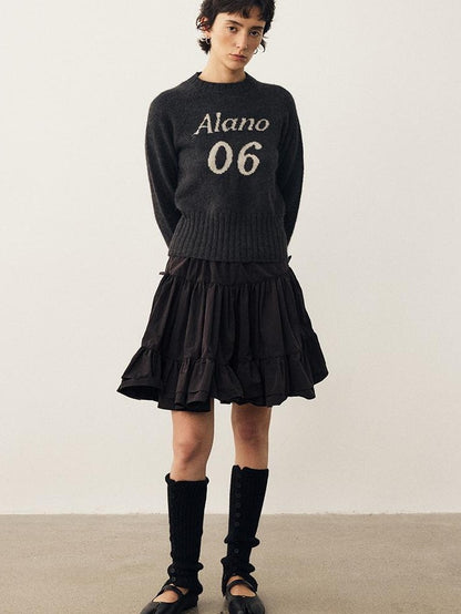 DIDDI MODA Color Block Letter Jacquard Raglan Sleeve Round Neck Women&