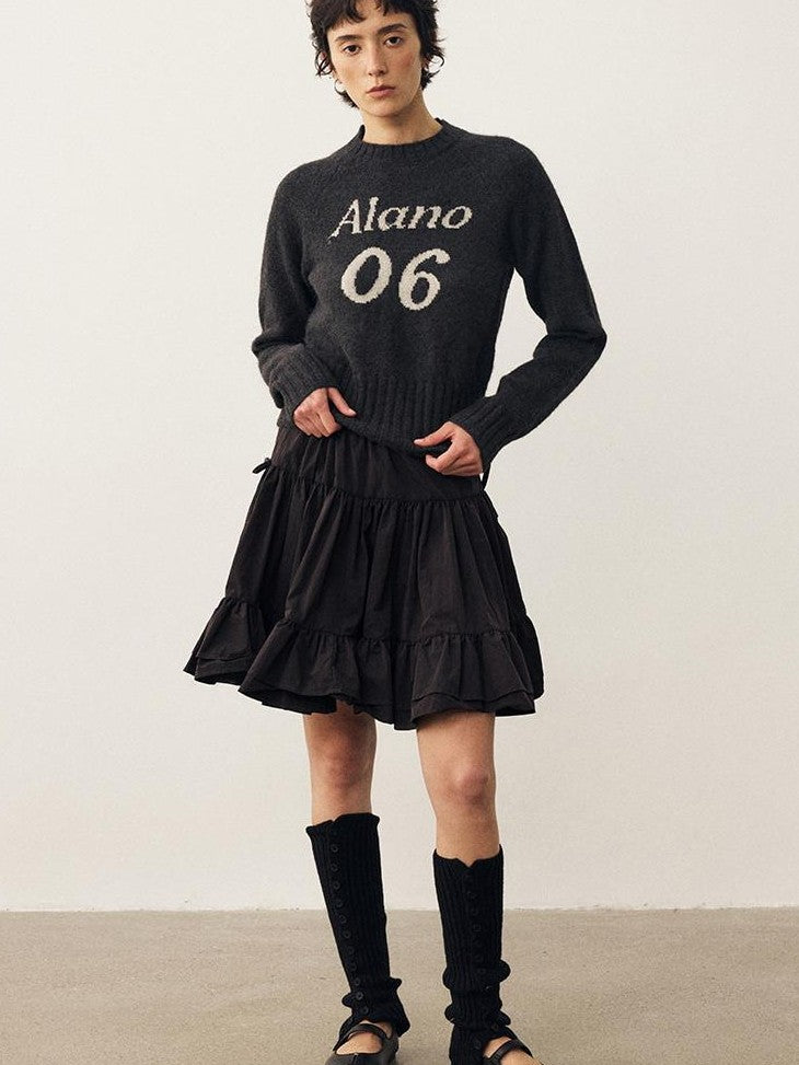 DIDDI MODA Color Block Letter Jacquard Raglan Sleeve Round Neck Women&