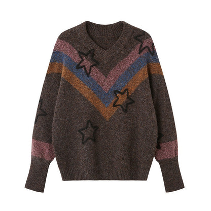 DIDDI_MODA_Colorblock_Retro_Star_Hand_Embroidered_V-neck_Women&