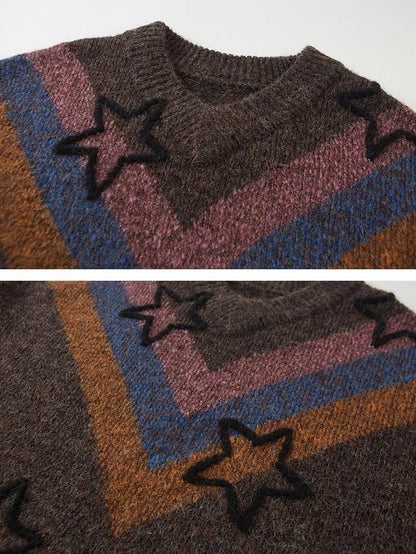 DIDDI MODA Colorblock Retro Star Hand Embroidered V-neck Women&