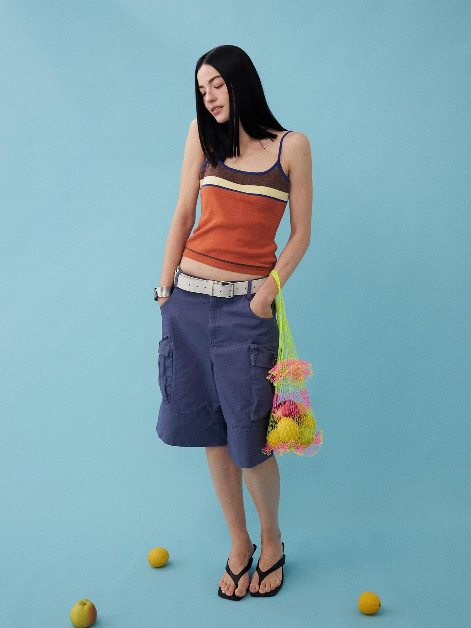 DIDDI MODA Colorblock Textured Cropped Waist Cinched Slim Fit Women&