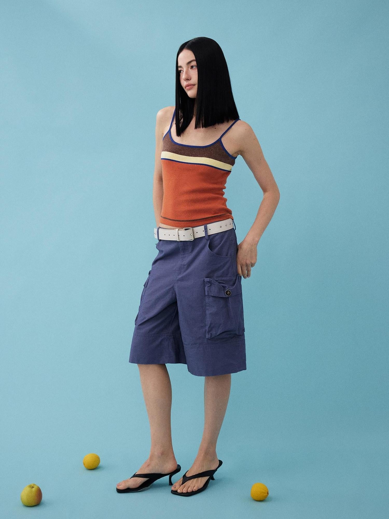 DIDDI MODA Colorblock Textured Cropped Waist Cinched Slim Fit Women&