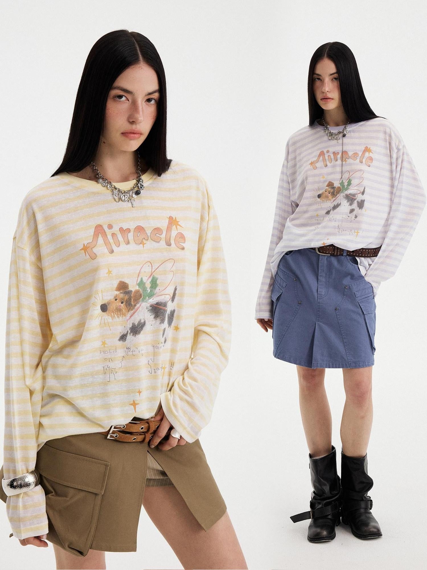 DIDDI MODA Colorful Striped Letter Puppy Print Round Neck Women&