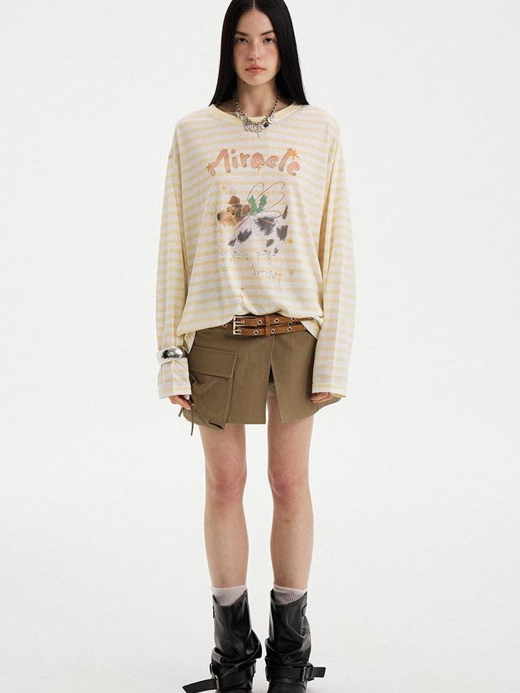 DIDDI MODA Colorful Striped Letter Puppy Print Round Neck Women&