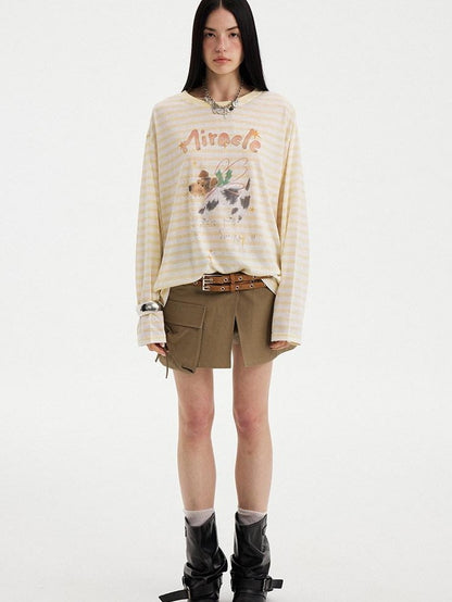 DIDDI MODA Colorful Striped Letter Puppy Print Round Neck Women&