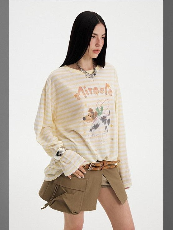 DIDDI MODA Colorful Striped Letter Puppy Print Round Neck Women&