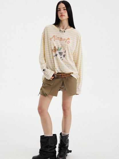 DIDDI MODA Colorful Striped Letter Puppy Print Round Neck Women&