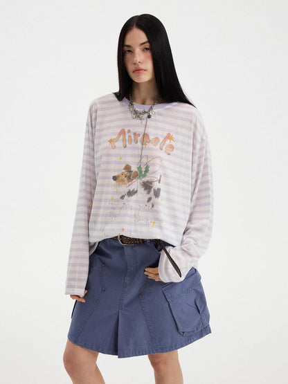 DIDDI MODA Colorful Striped Letter Puppy Print Round Neck Women&