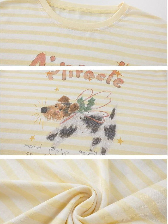 DIDDI MODA Colorful Striped Letter Puppy Print Round Neck Women&