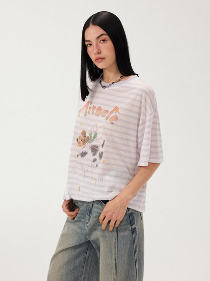 DIDDI MODA Colorful Striped Magic Puppy Graphic Drop Shoulder Women&