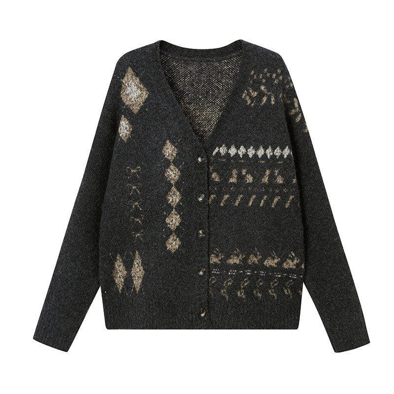 DIDDI_MODA_Contrast_Argyle_Single_Row_Button_Crew_Neck_Women&