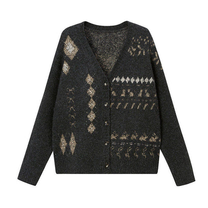 DIDDI_MODA_Contrast_Argyle_Single_Row_Button_Crew_Neck_Women&