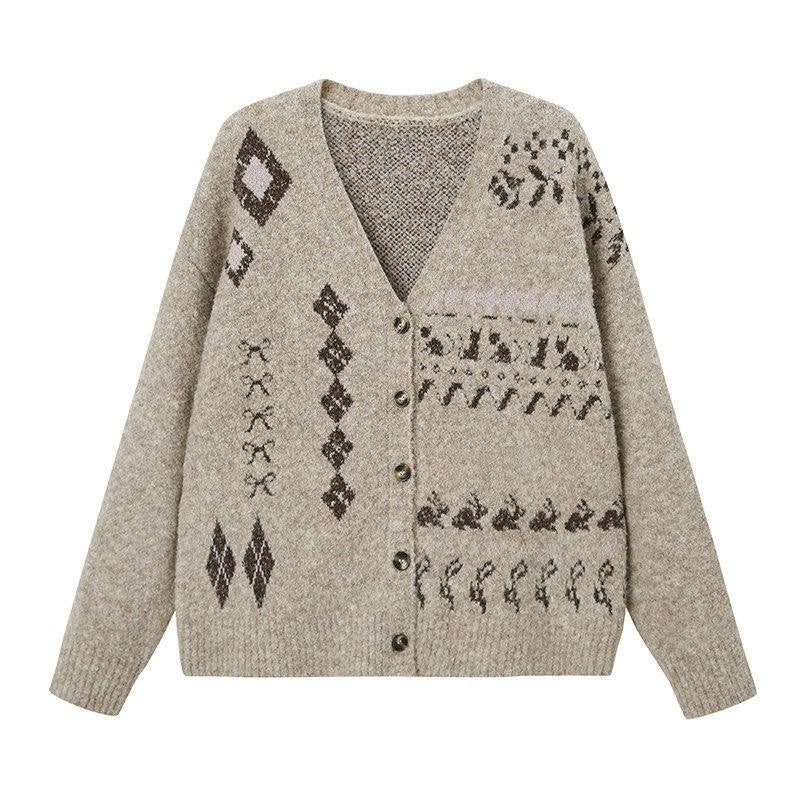 DIDDI_MODA_Contrast_Argyle_Single_Row_Button_Crew_Neck_Women&