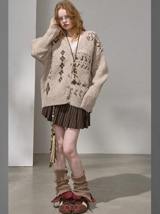 DIDDI MODA Contrast Argyle Single Row Button Crew Neck Women&