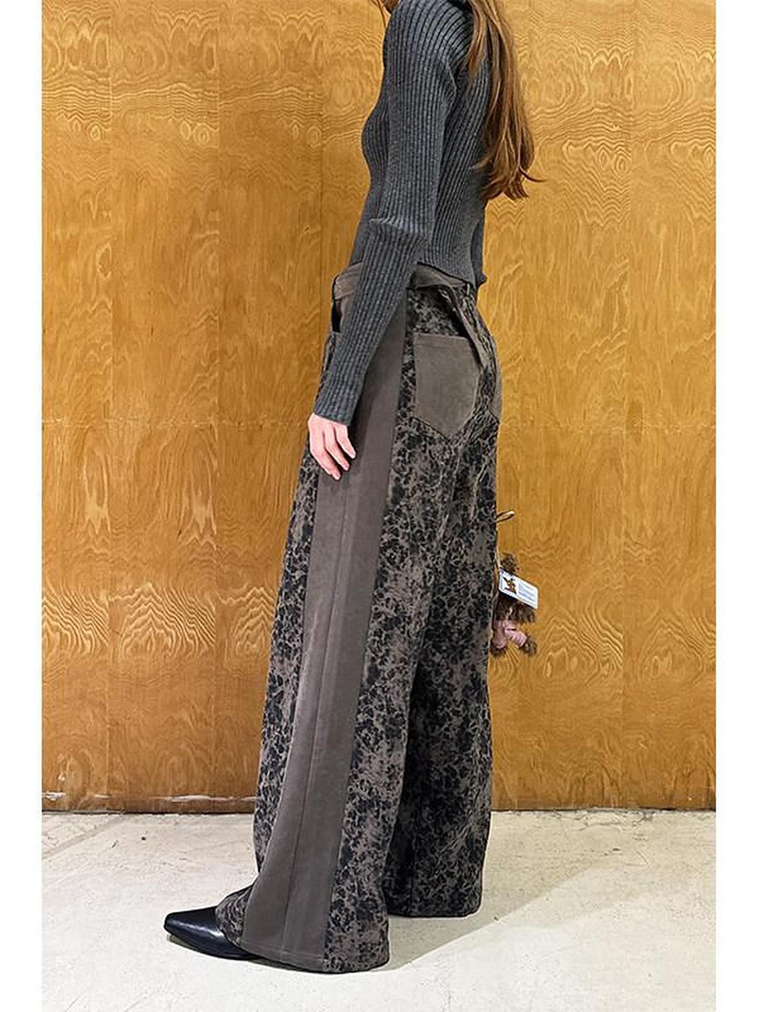 DIDDI MODA Contrast Belt Leopard Print Wide Leg Loose Casual Women&