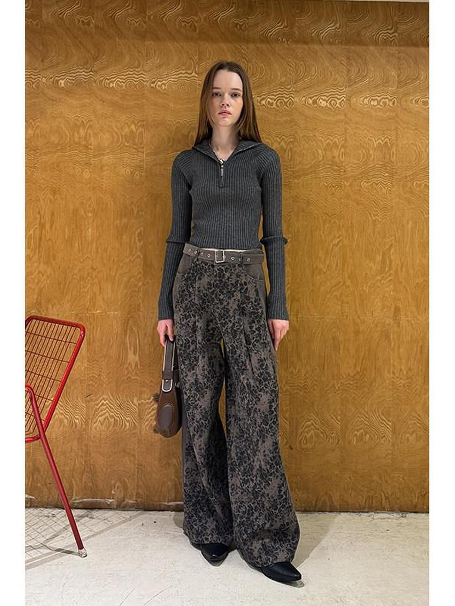 DIDDI MODA Contrast Belt Leopard Print Wide Leg Loose Casual Women&