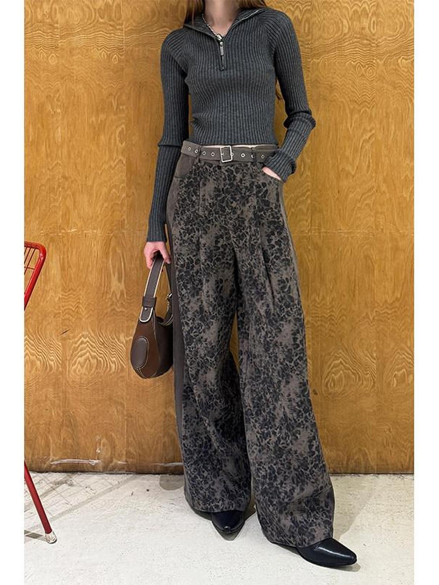 DIDDI MODA Contrast Belt Leopard Print Wide Leg Loose Casual Women&