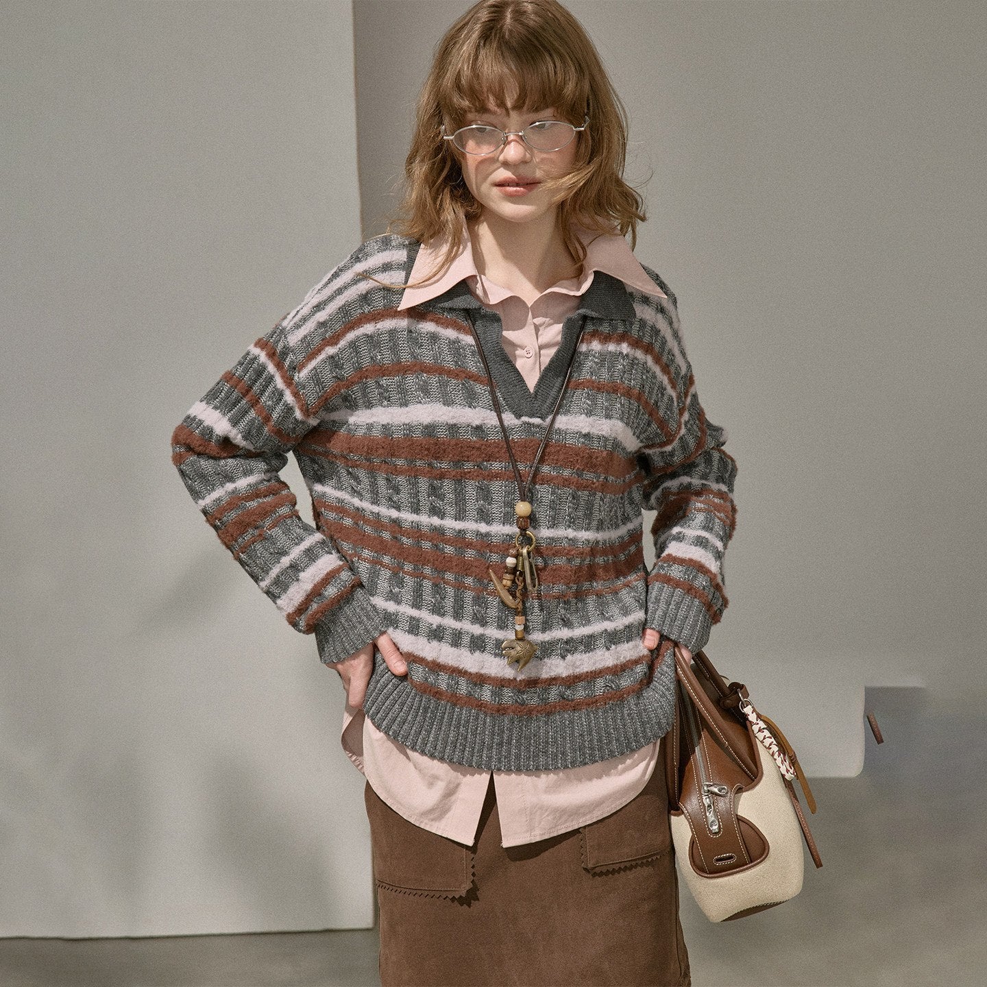DIDDI_MODA_Contrast_Striped_Cable_Knit_V-neck_Loose_Pullover_Women&