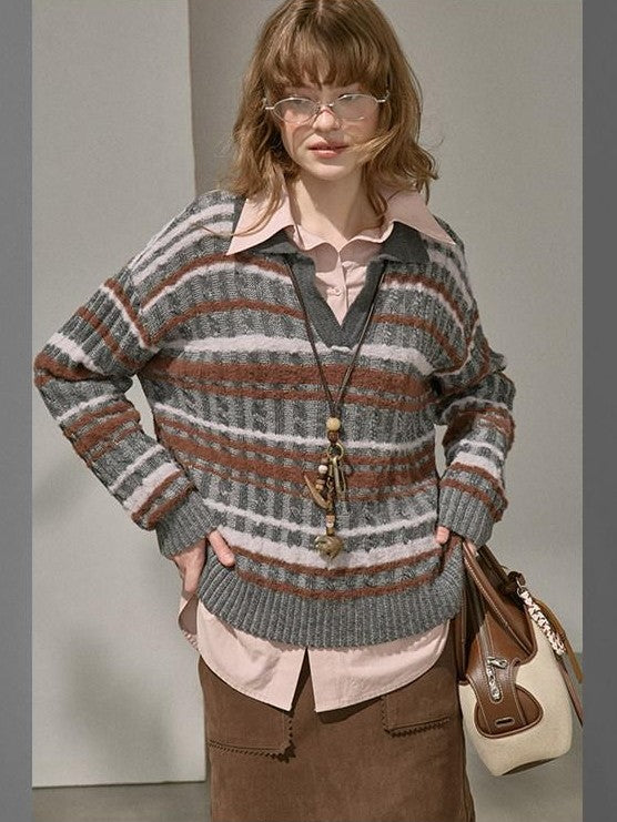 DIDDI MODA Contrast Striped Cable Knit V-neck Loose Pullover Women&