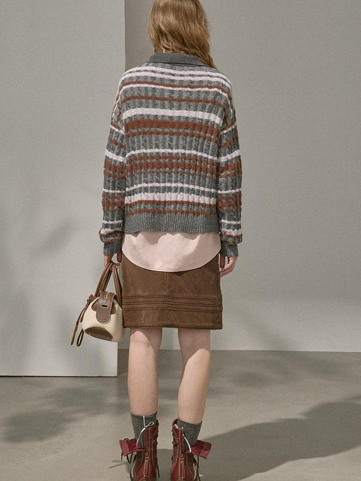 DIDDI MODA Contrast Striped Cable Knit V-neck Loose Pullover Women&