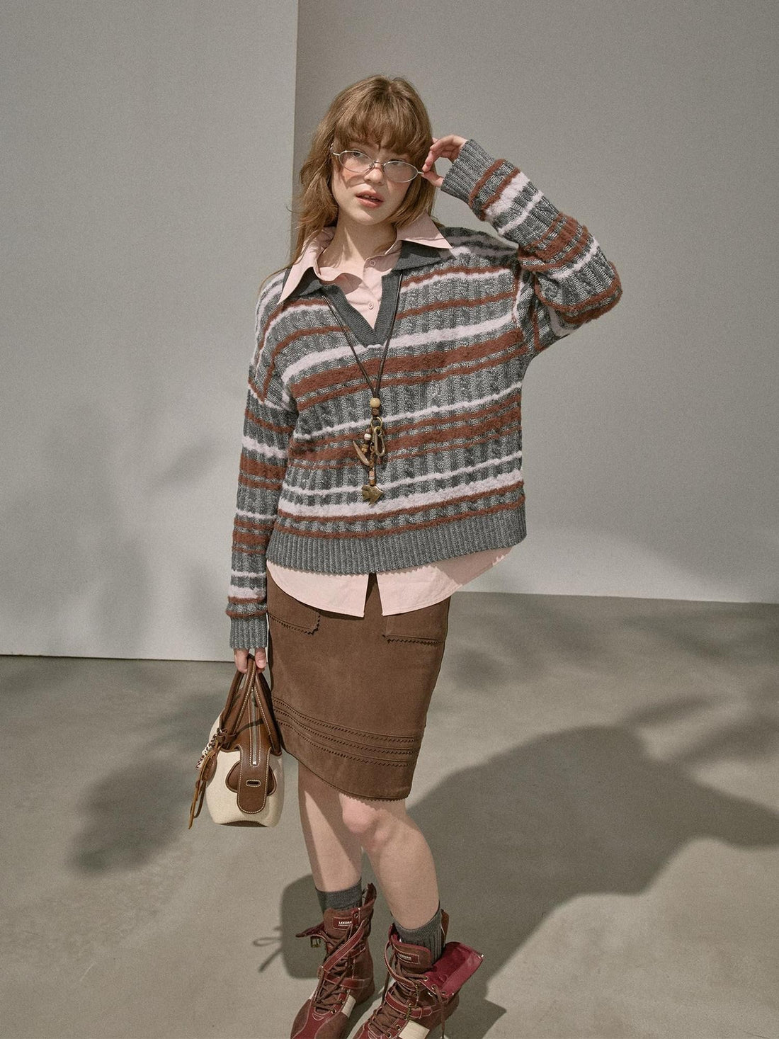 DIDDI MODA Contrast Striped Cable Knit V-neck Loose Pullover Women&
