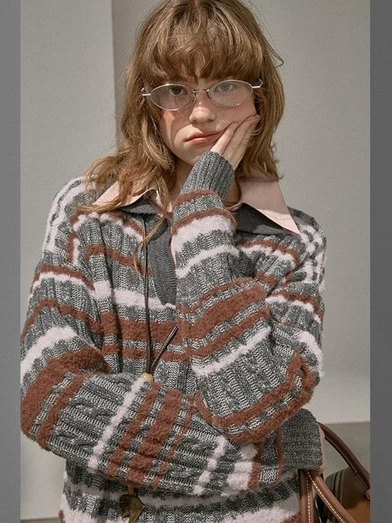 DIDDI MODA Contrast Striped Cable Knit V-neck Loose Pullover Women&