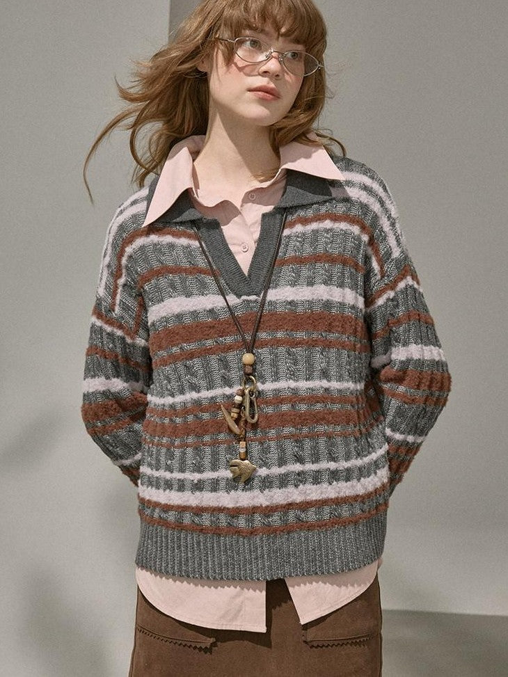 DIDDI MODA Contrast Striped Cable Knit V-neck Loose Pullover Women&