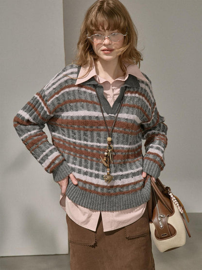 DIDDI MODA Contrast Striped Cable Knit V-neck Loose Pullover Women&