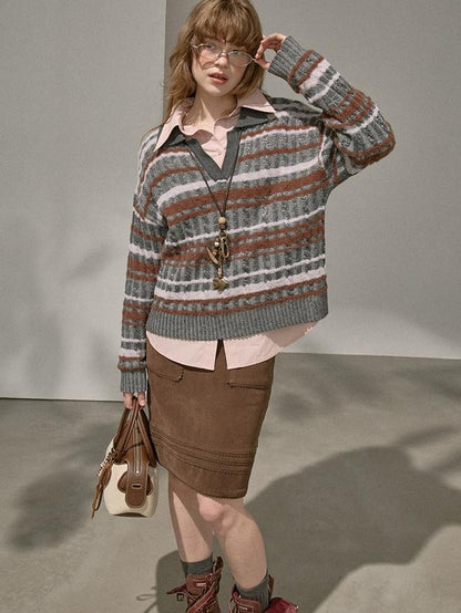 DIDDI MODA Contrast Striped Cable Knit V-neck Loose Pullover Women&